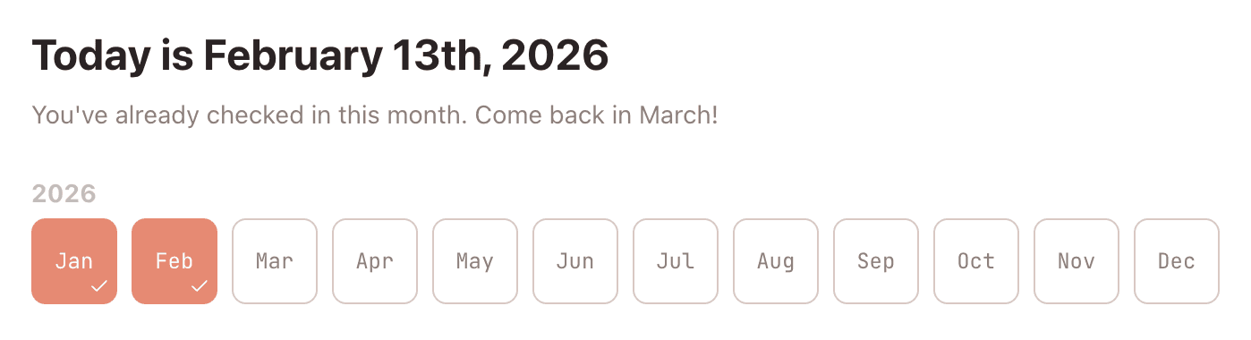 Monthly check-in calendar view